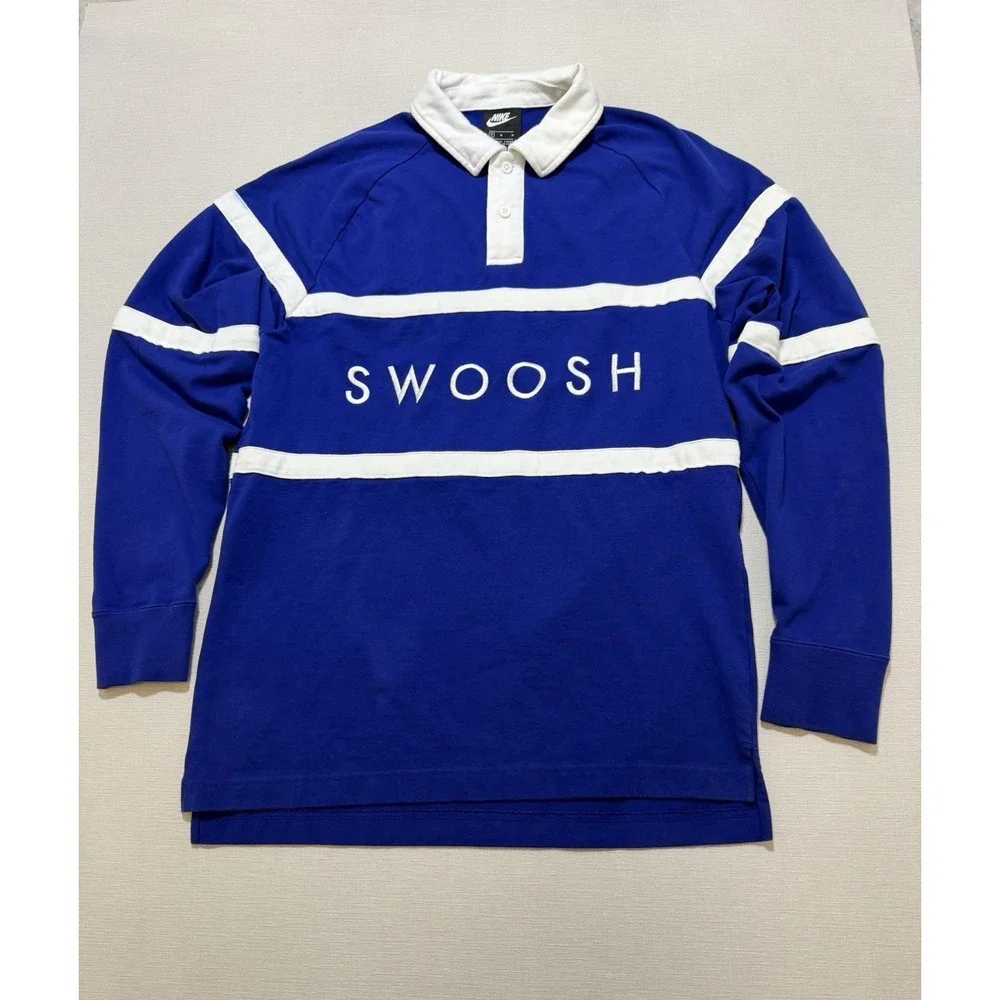 Nike Swoosh Rugby Shirt Mens M Blue White Striped Long Sleeve Polo CV0169-455